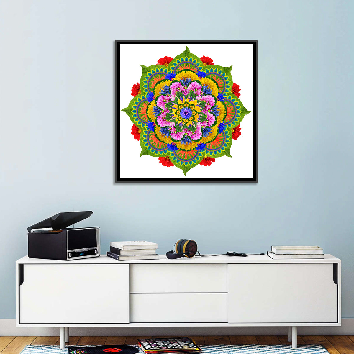 Vibrant Lotus Floral Mandala Wall Art in a room, square