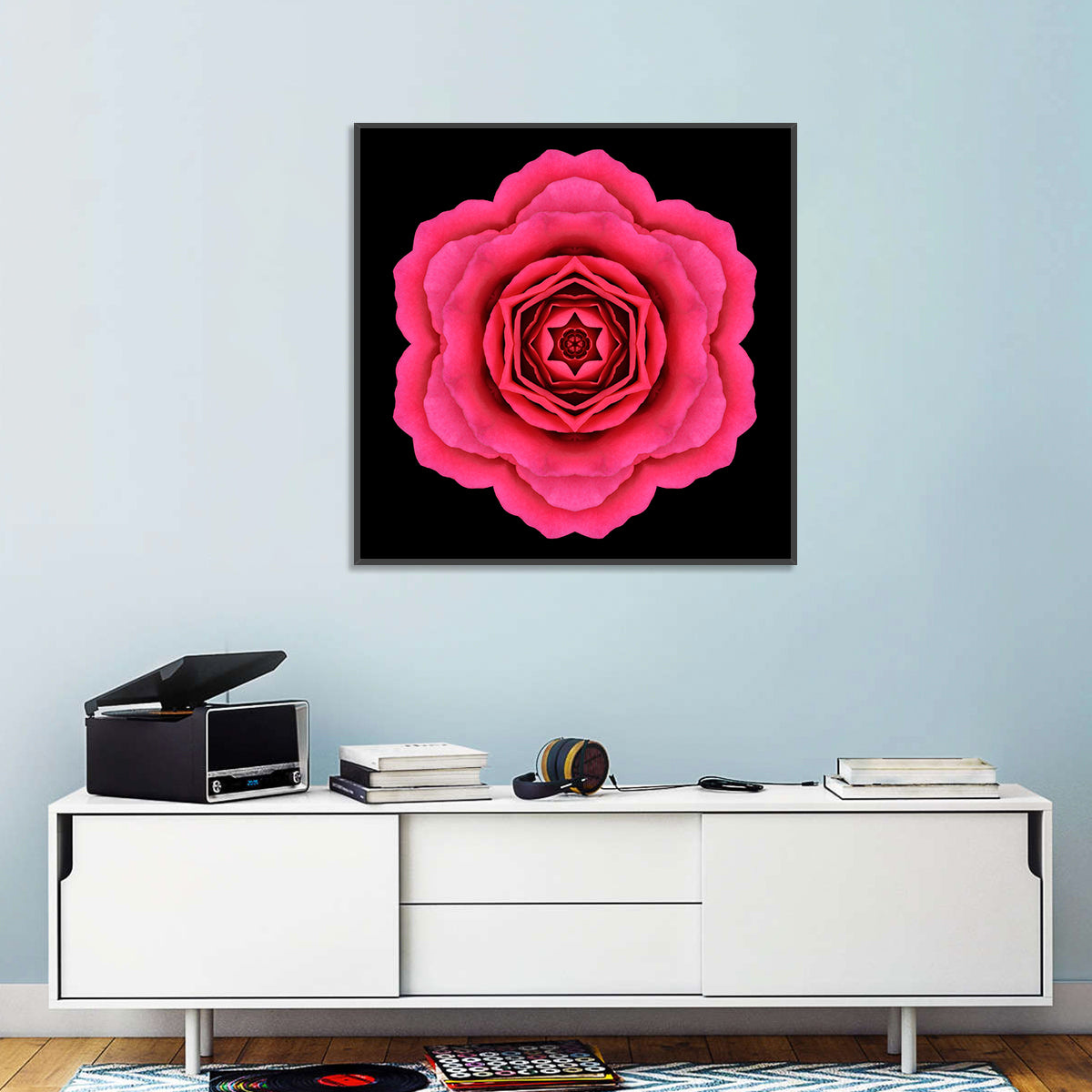 Magenta Rose Mandala Pattern Wall Art in a room, square