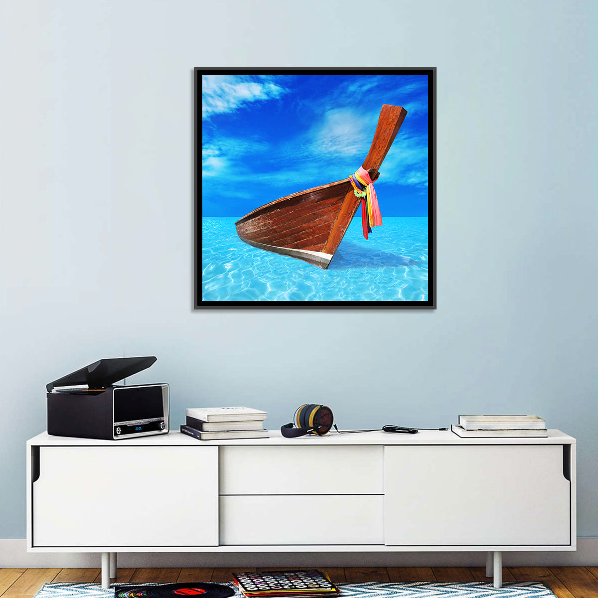 Long-tail Boat in Blue Sea Wall Art in a room, square