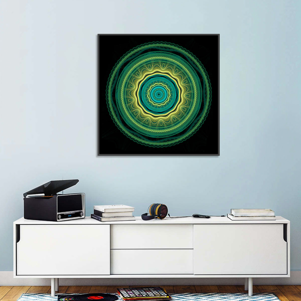 Hypnotic Teal Glow Mandala Wall Art