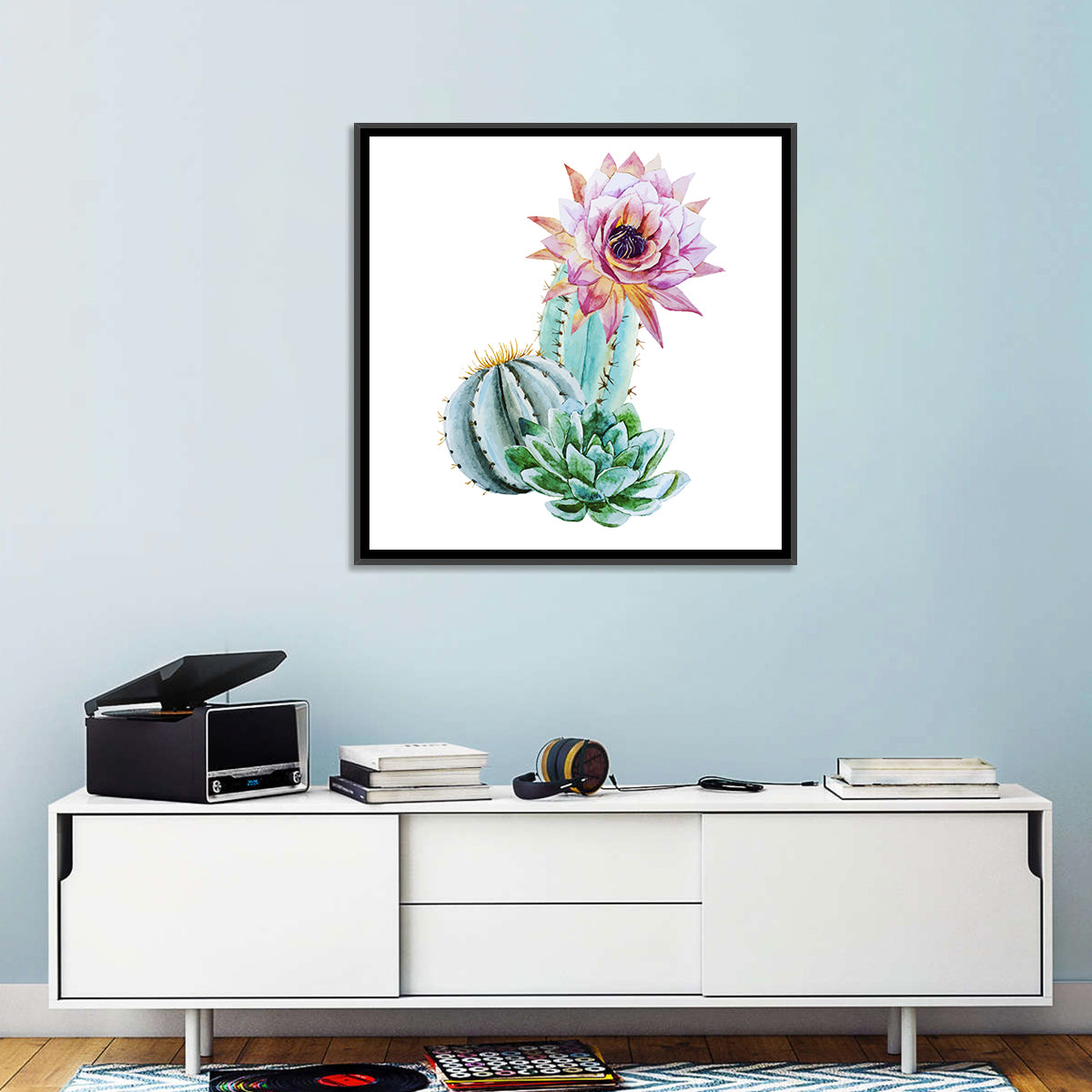 Blooming Cactus Watercolor Wall Art in a room, square