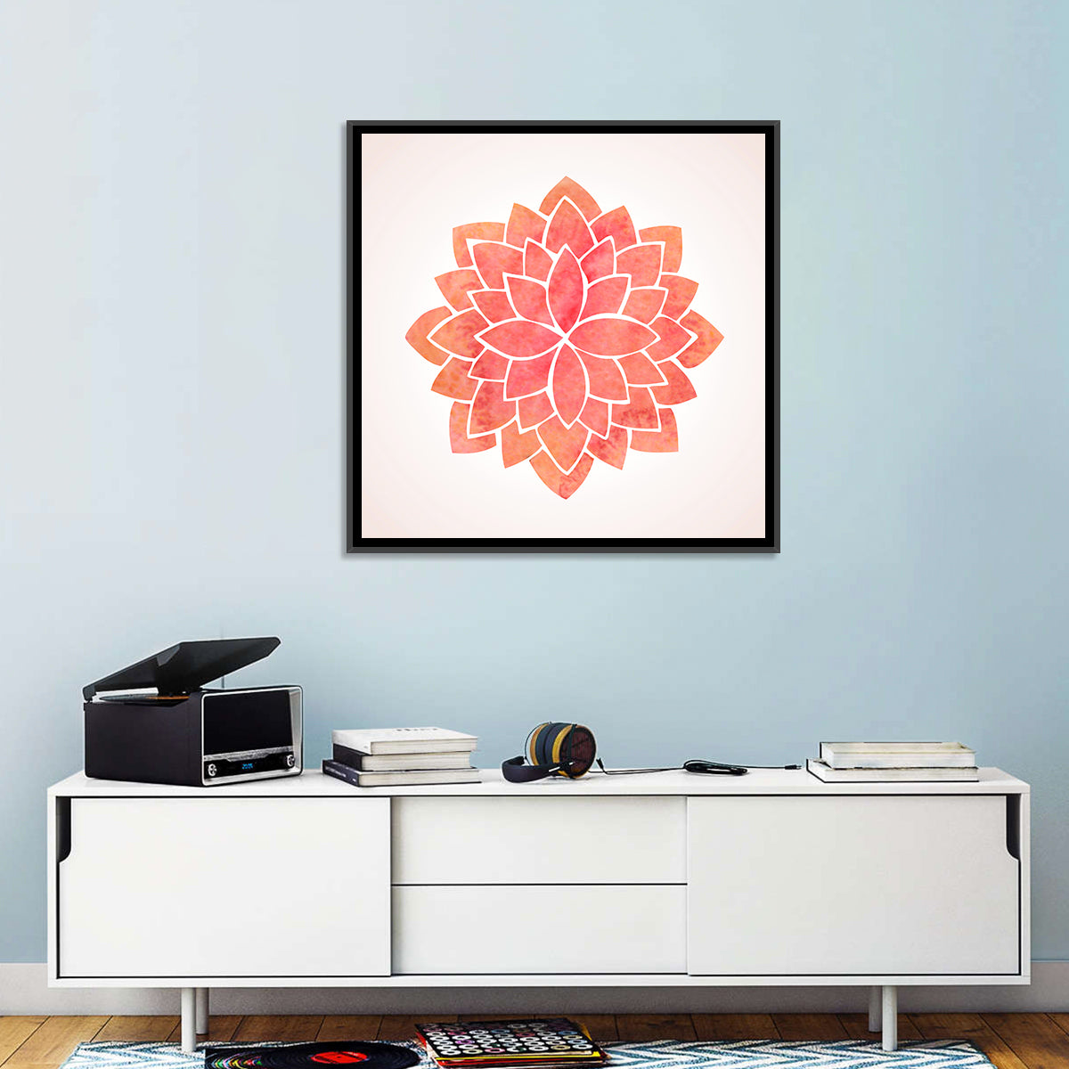 Red Lotus Mandala Wall Art in a room, square