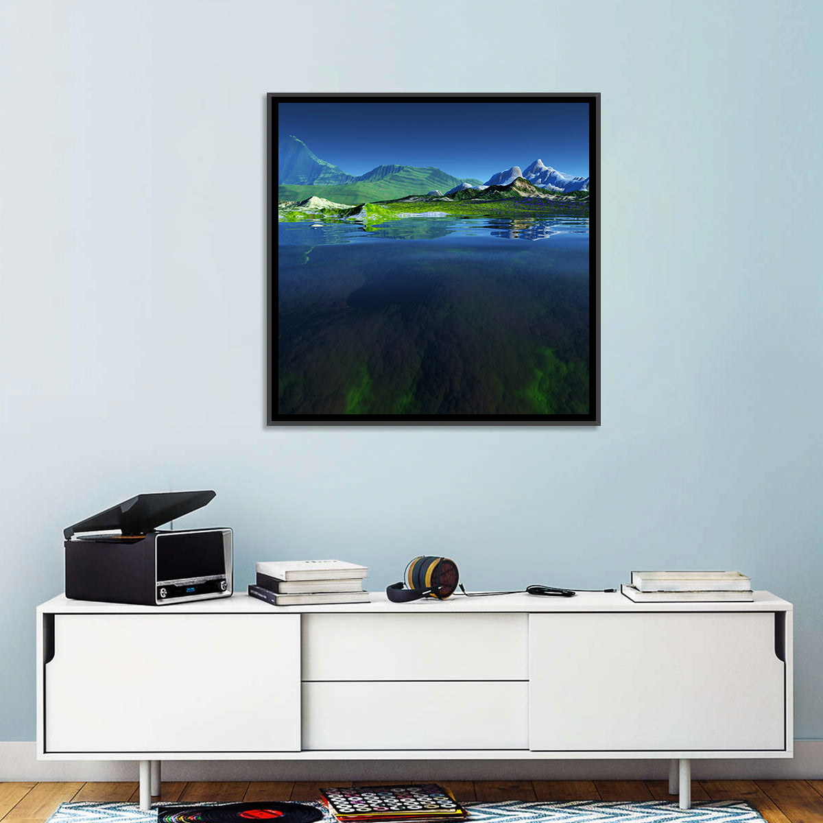 Mountain Lake Split View Wall Art in a room, square