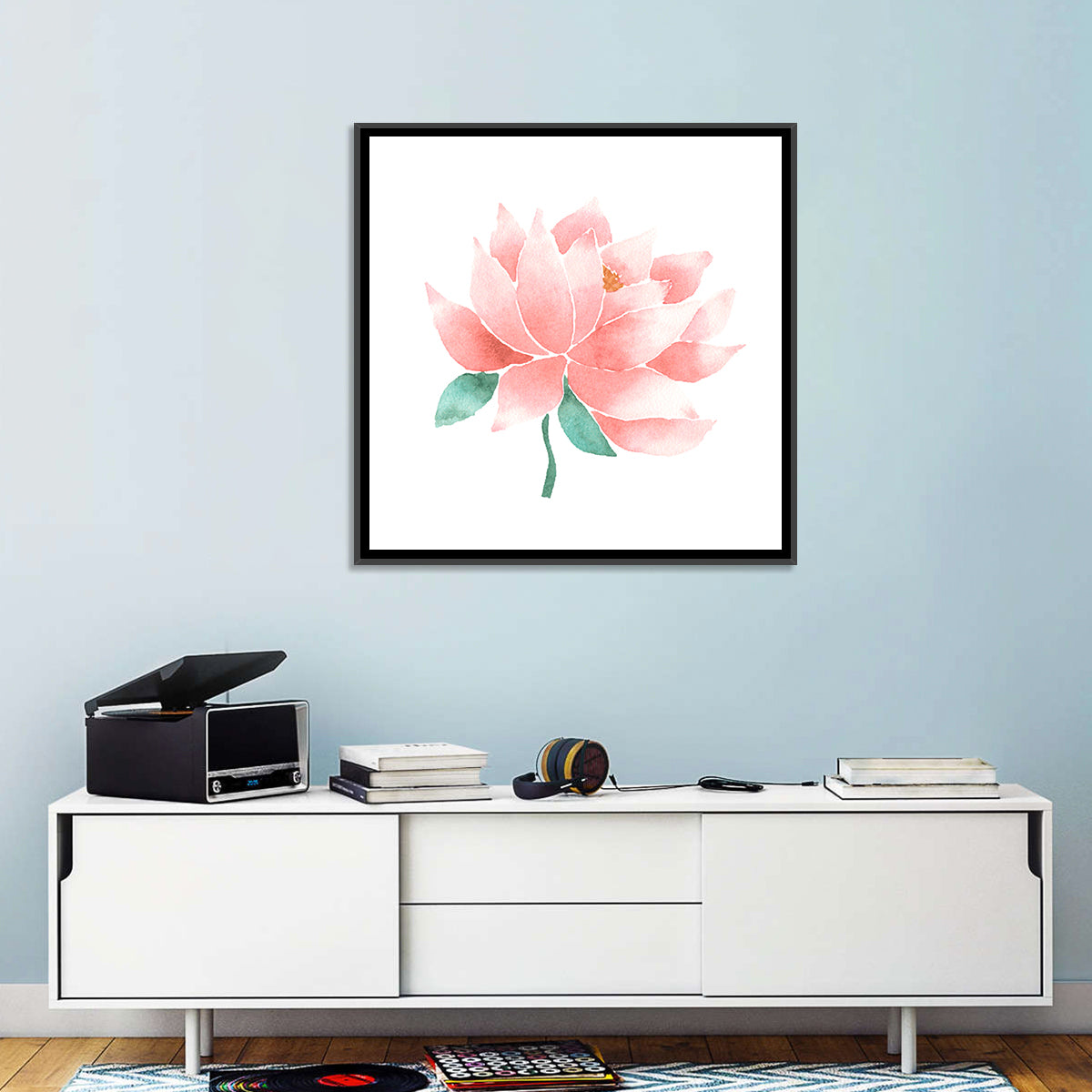Soft Pink Lotus Watercolor Wall Art in a room, square