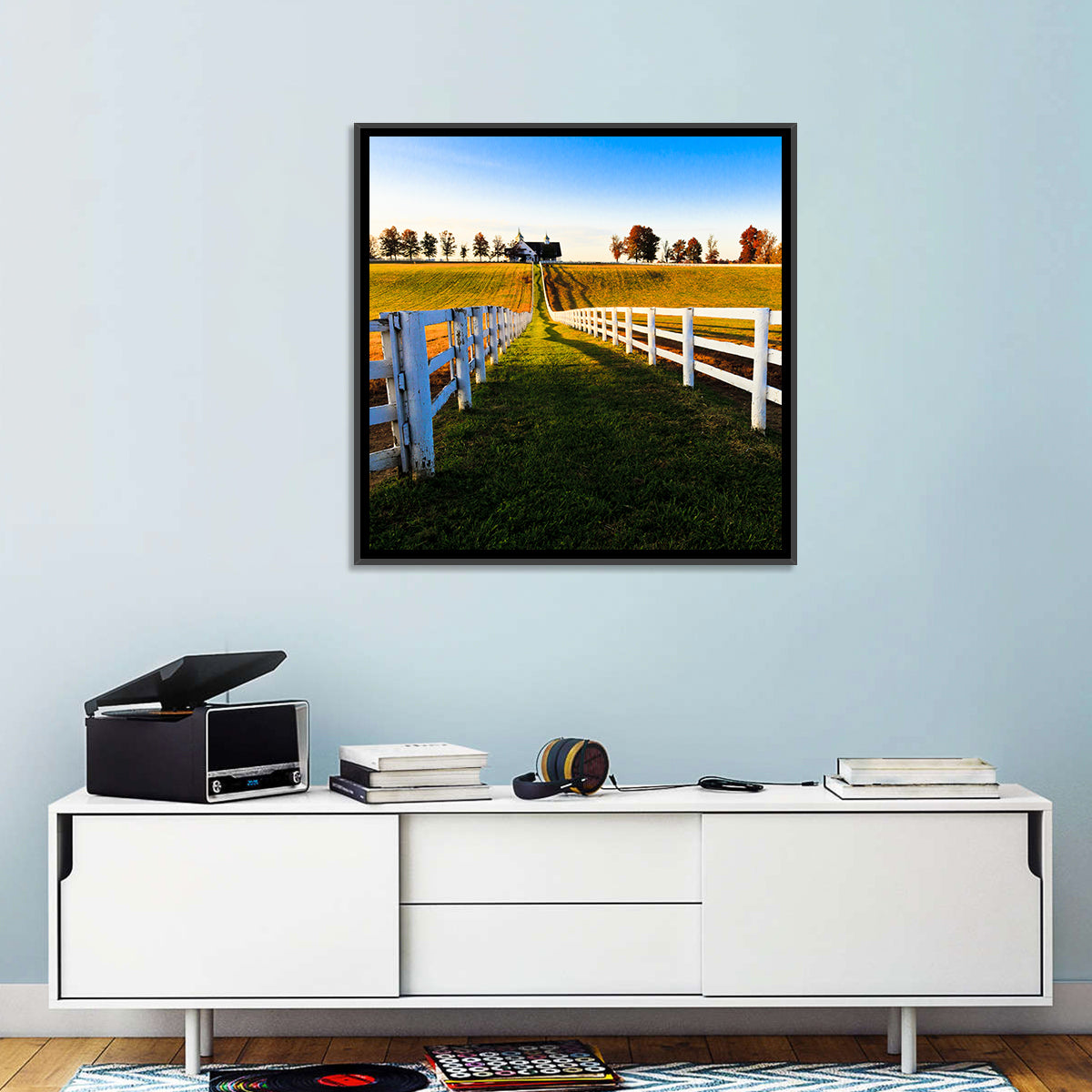 Kentucky Horse Farm at Golden Hour Wall Art in a room, square