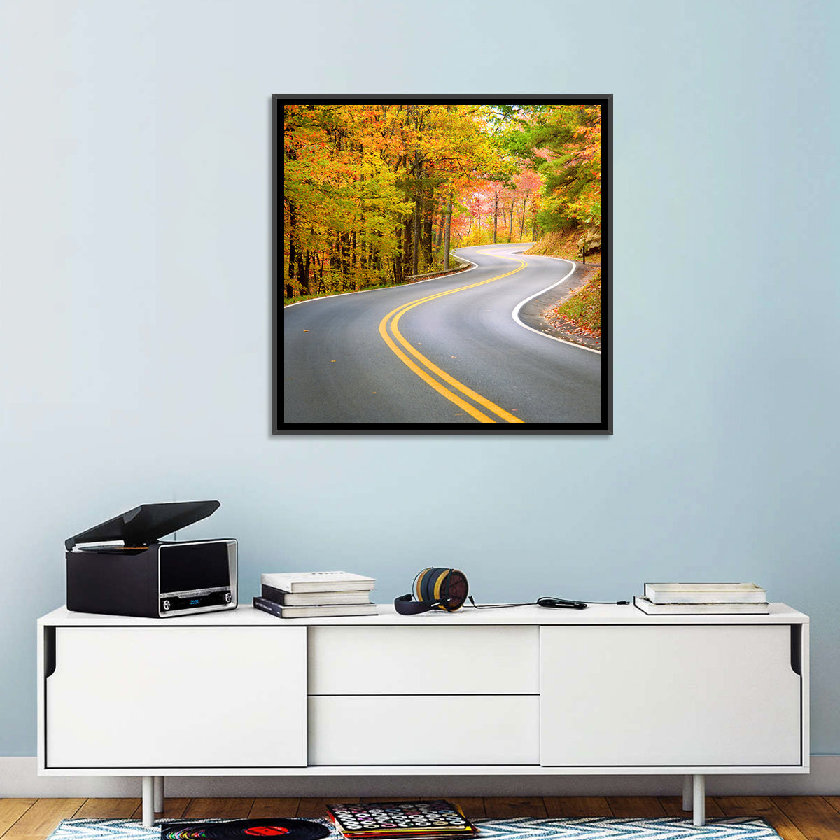 Winding Autumn Road Wall Art in a room, square