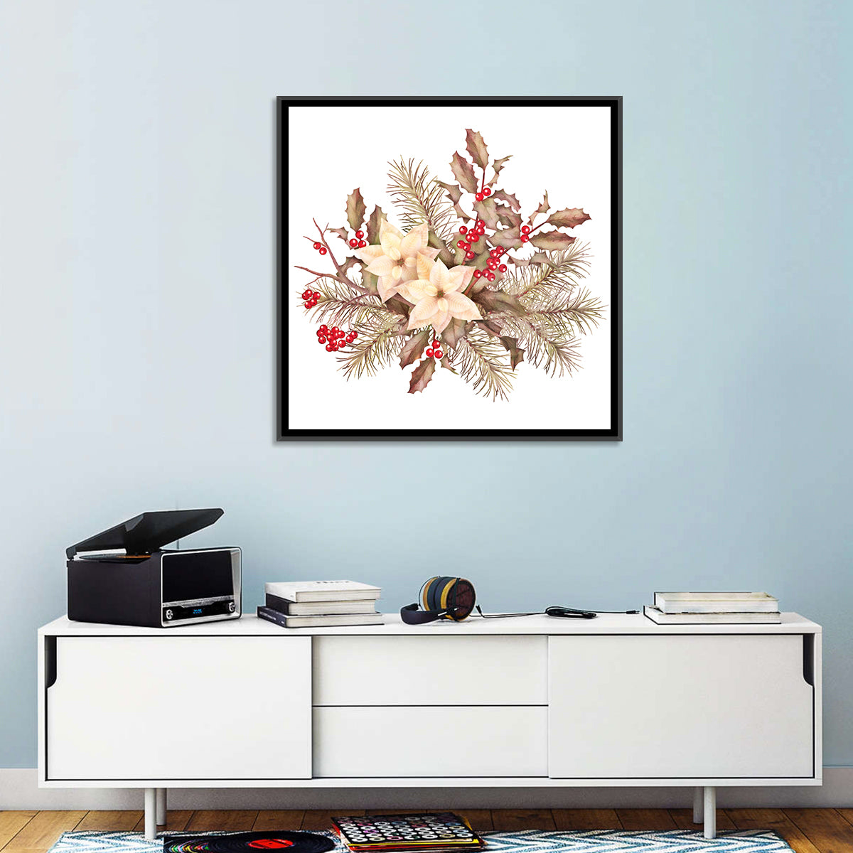 Retro Poinsettia Bouquet Wall Art in a room, square