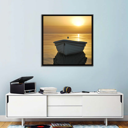White Rowboat on Golden Sea Wall Art