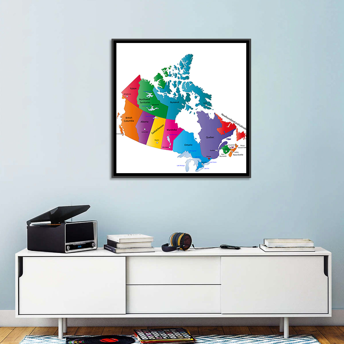 Colorful Canada Map Illustration Wall Art in a room, square