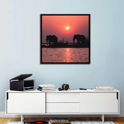 Elephants at Sunset Silhouette Wall Art