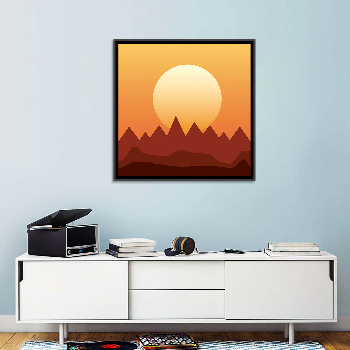 Geometric Mountain Sunset Wall Art in a room, square