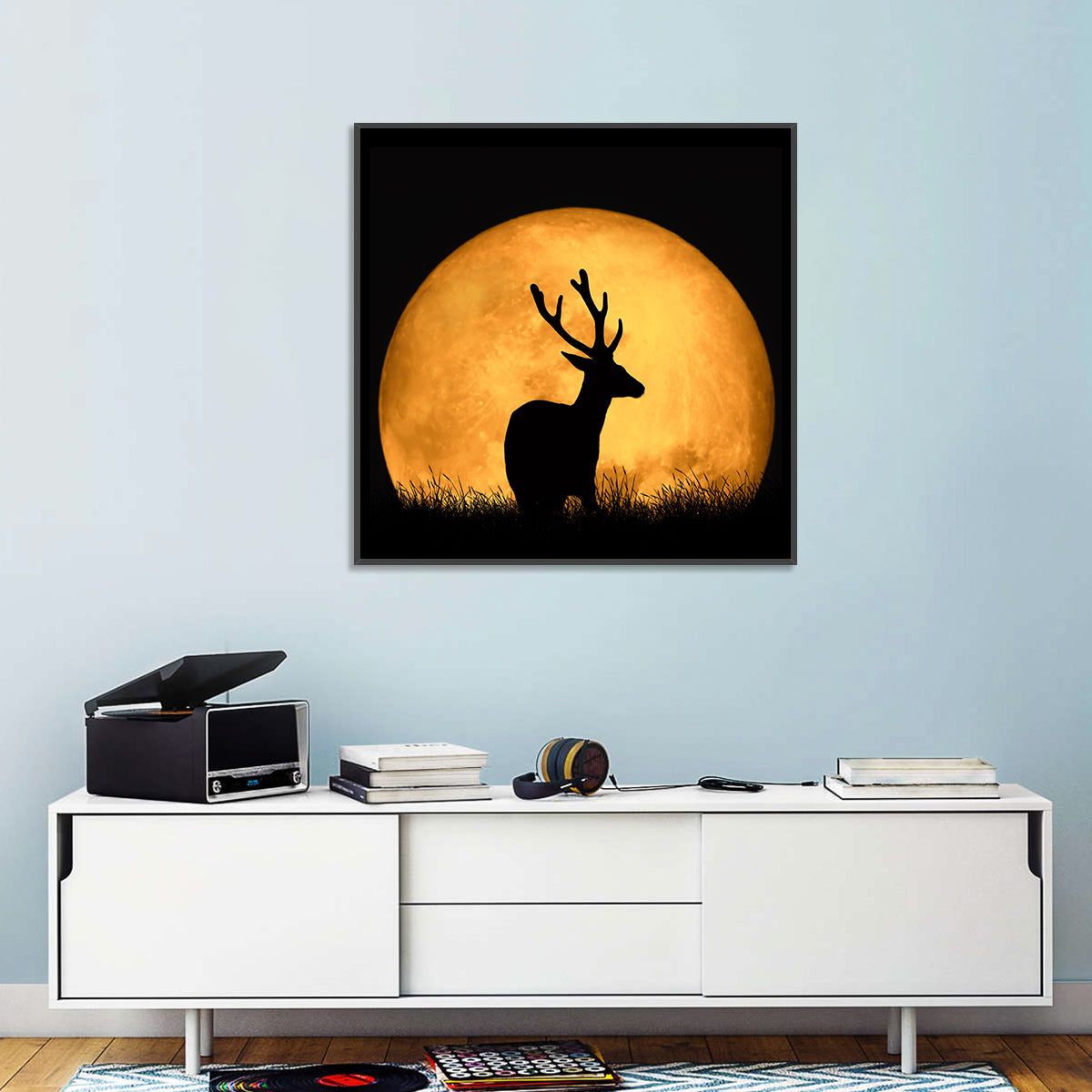 Buck Silhouette Under Red Moon Wall Art