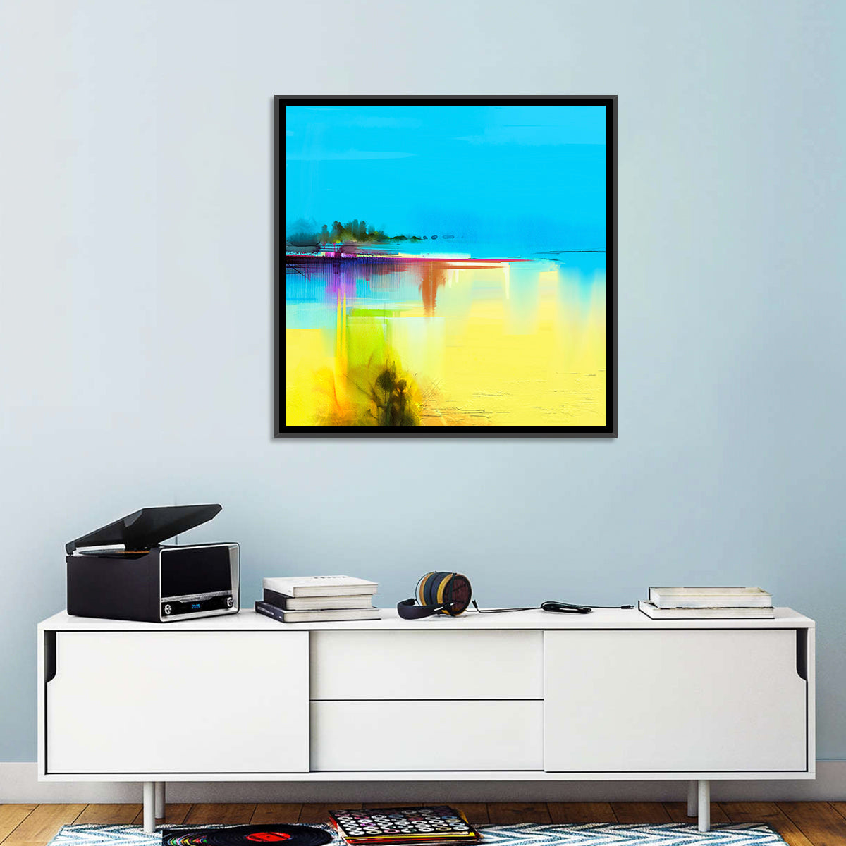 Sunlit Abstract Coastline in Spring Colors Wall Art in a room, square