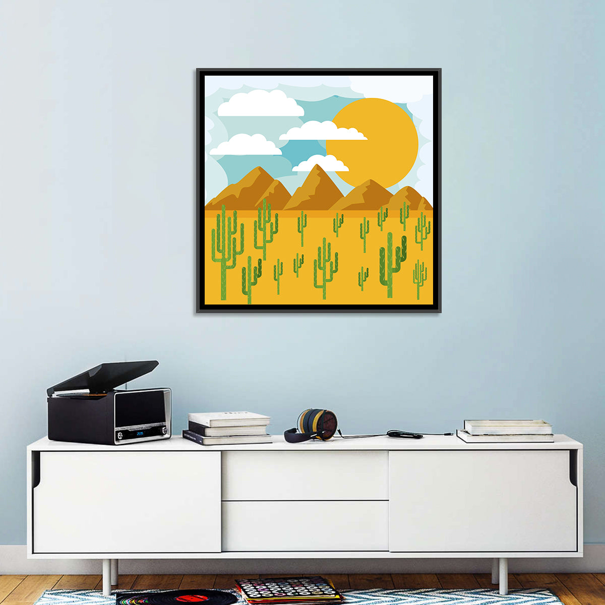 Sunny Desert Landscape Wall Art in a room, square