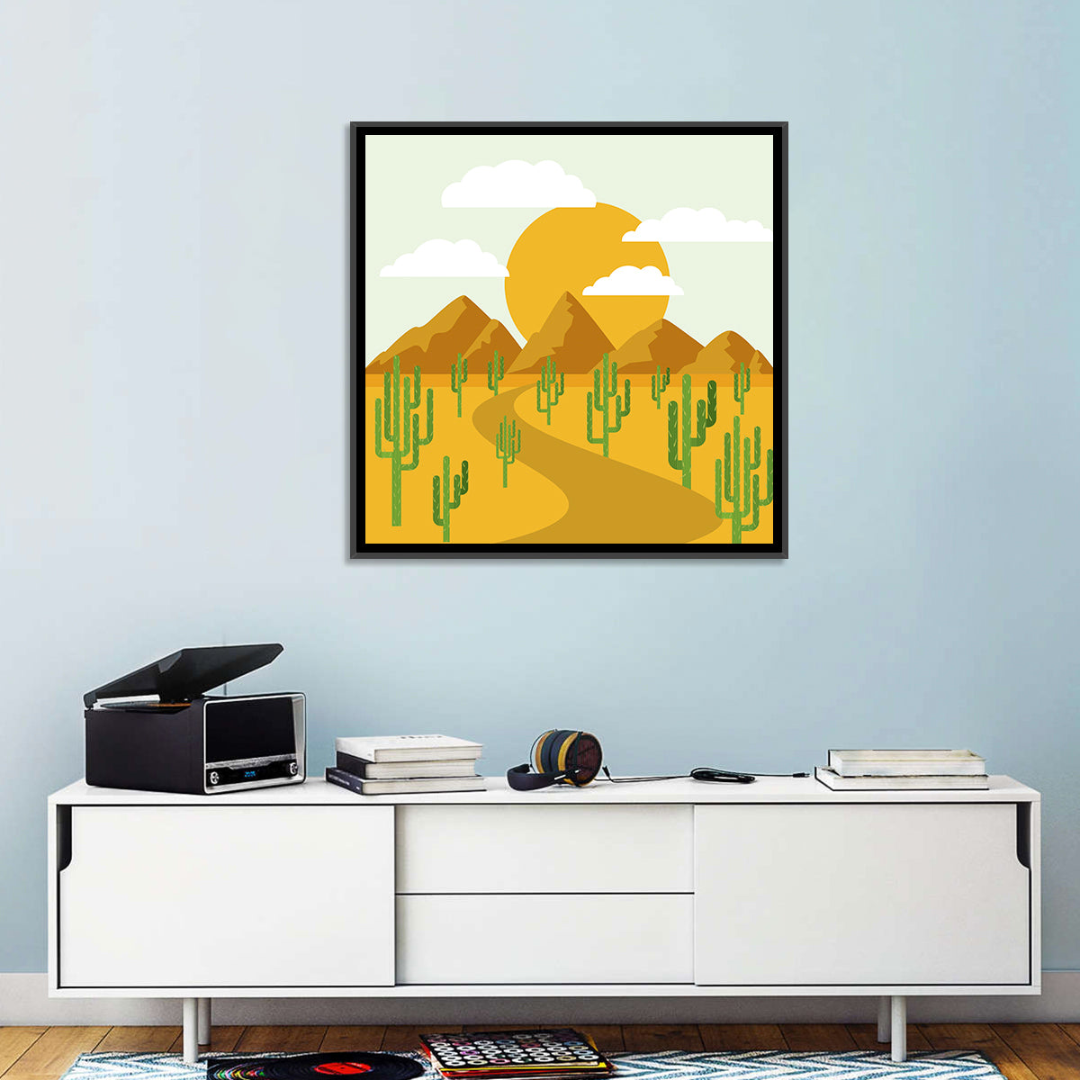 Cloudy Desert Road Wall Art in a room, square