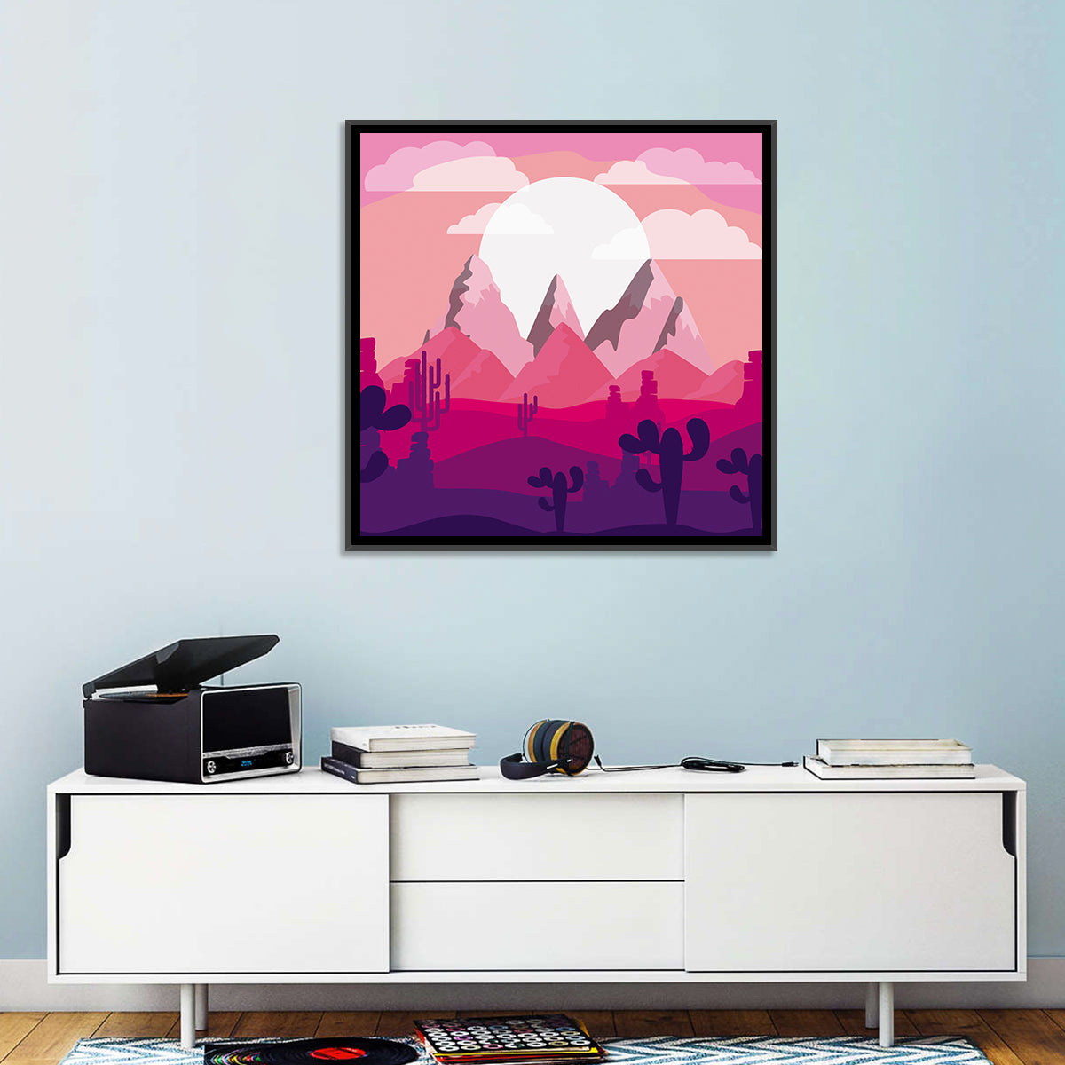 Magenta Desert Mountains Illustration Wall Art in a room, square