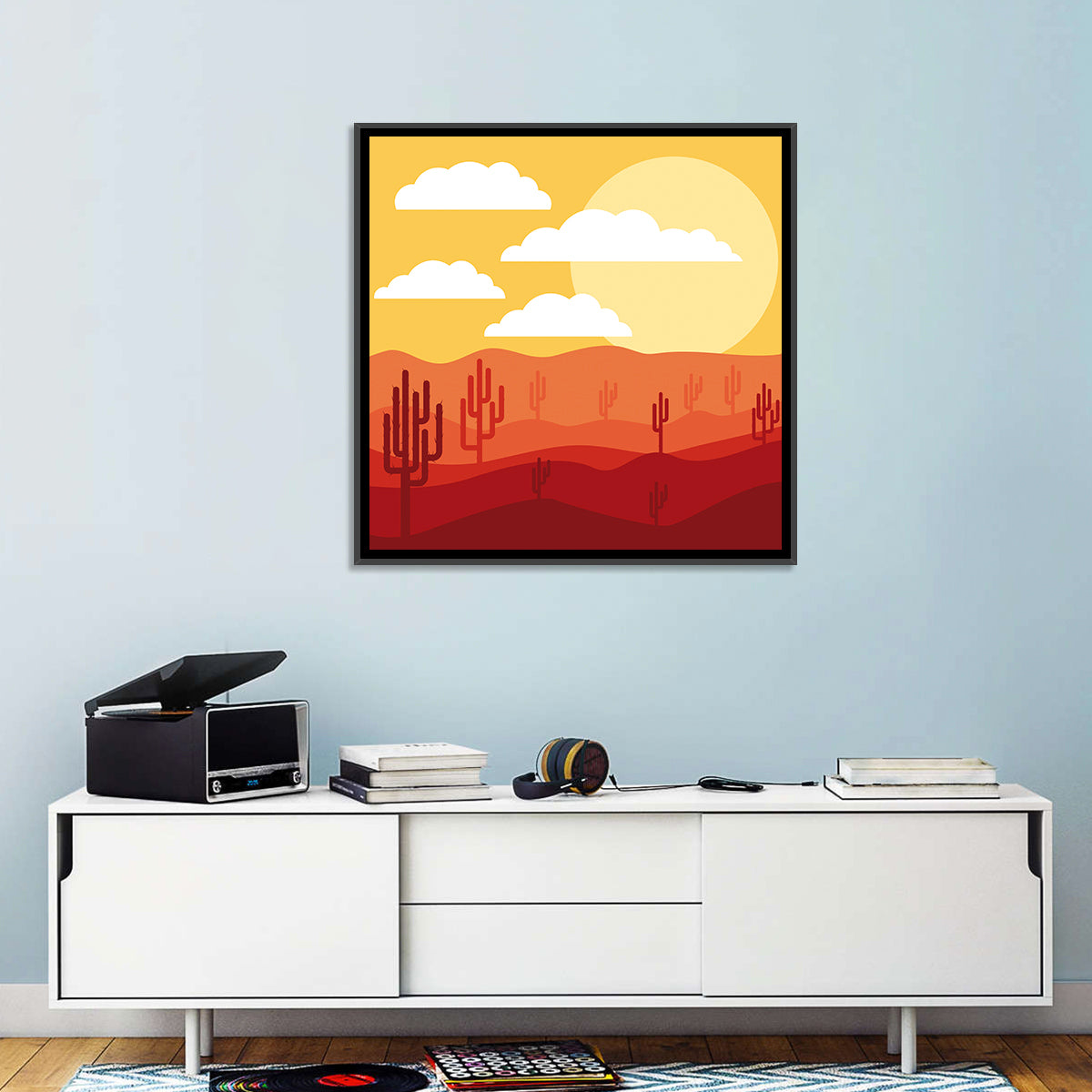 Saguaro Desert Sunrise Wall Art in a room, square