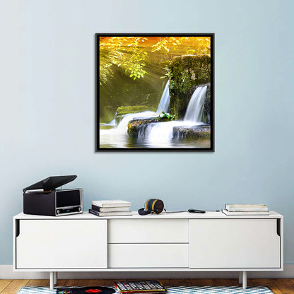 Sunlit Forest Waterfall Wall Art
