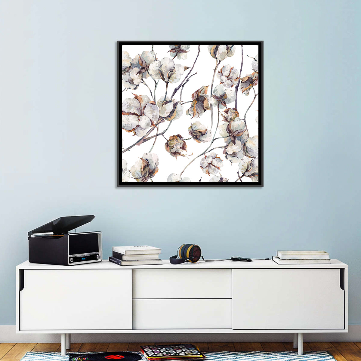 Watercolor Cotton Bolls Wall Art in a room, square