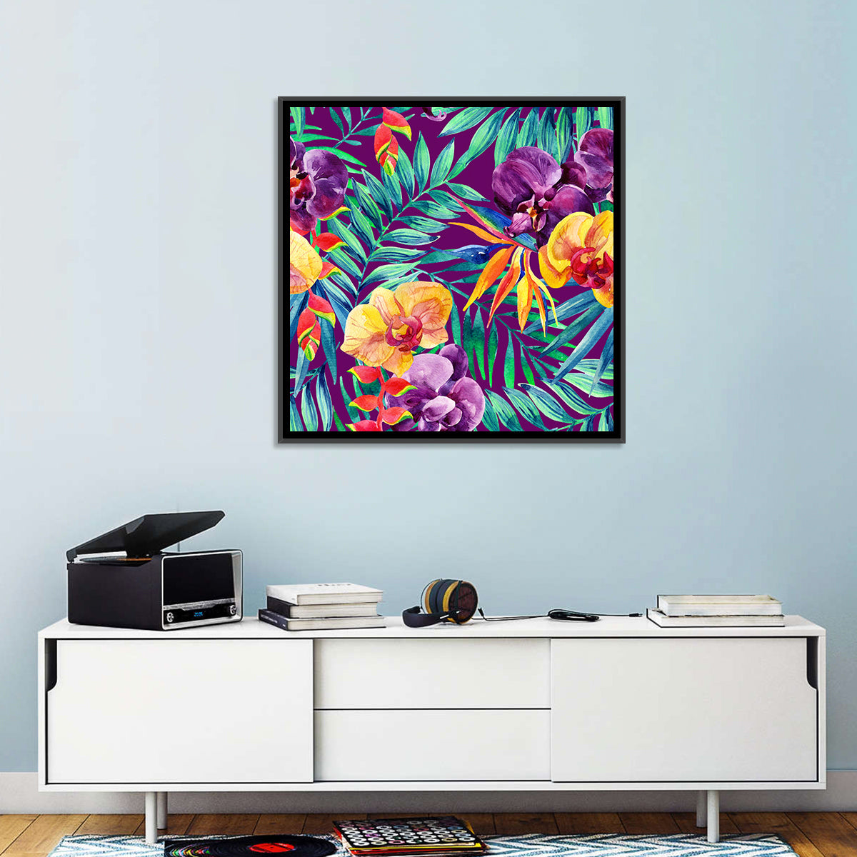 Tropical Orchid and Palm Pattern Wall Art in a room, square
