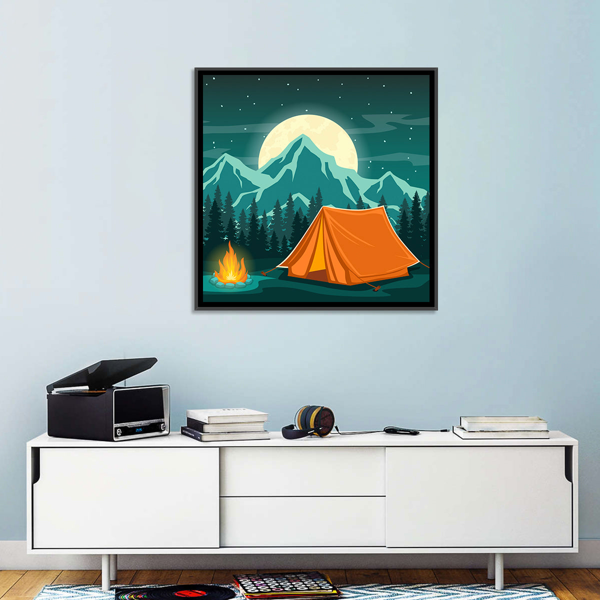 Moonlit Campfire Landscape Wall Art in a room, square