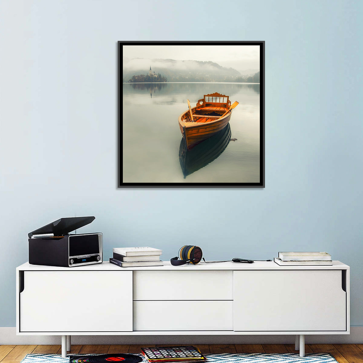 Wooden Boat on Misty Lake Bled Wall Art