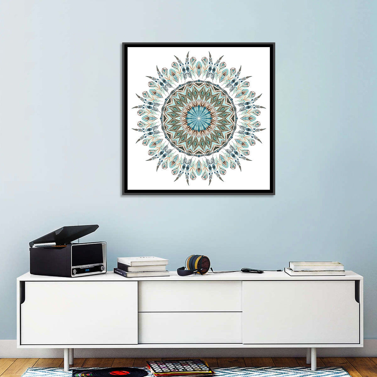 Layered Feather Mandala Wall Art in a room, square