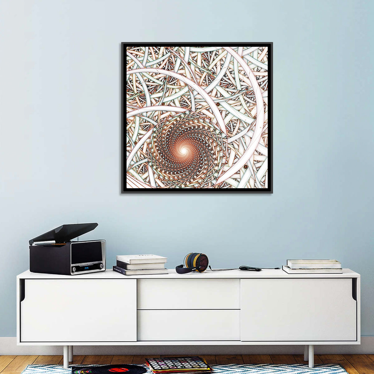 Copper Fractal Spiral Mandala Wall Art in a room, square