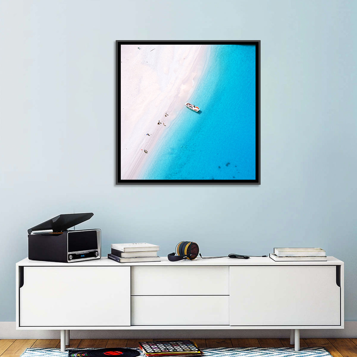Aerial Beach Bay with White Boat Wall Art