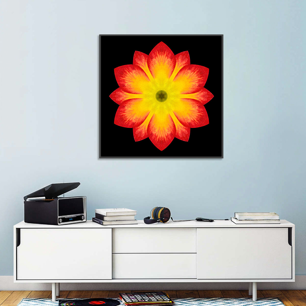 Red Yellow Mandala Flower Pattern Wall Art in a room, square