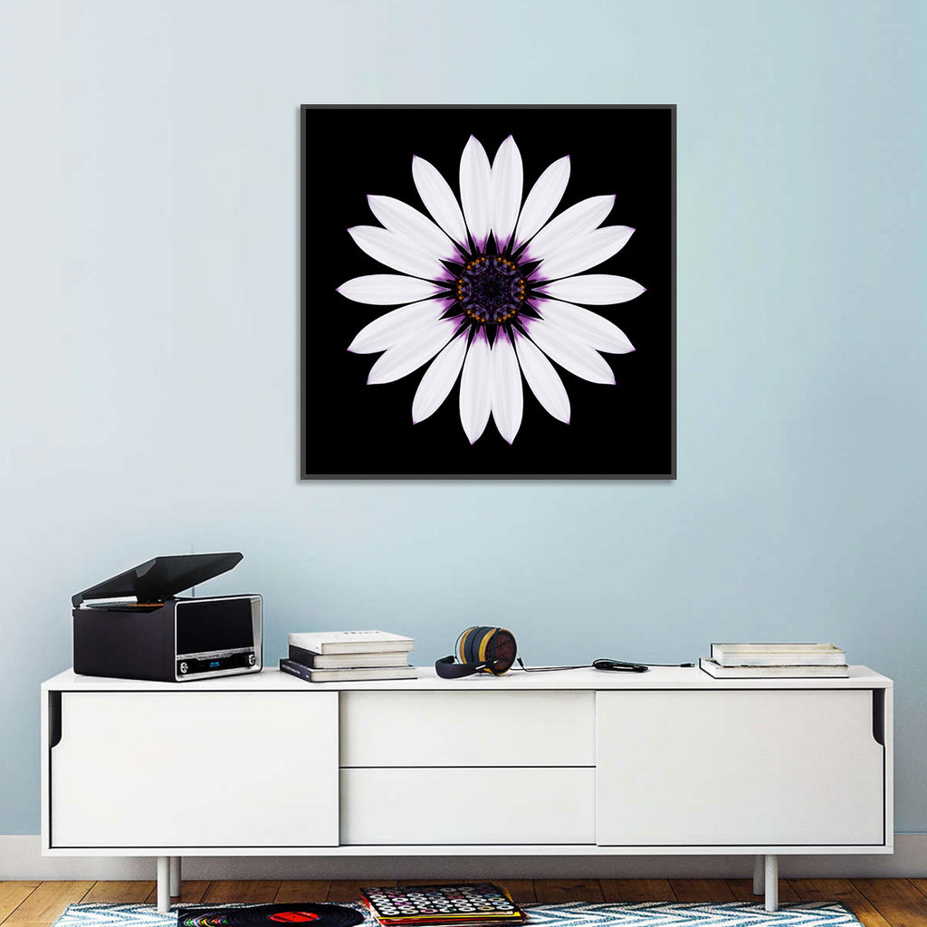 White Daisy Mandala on Black Wall Art