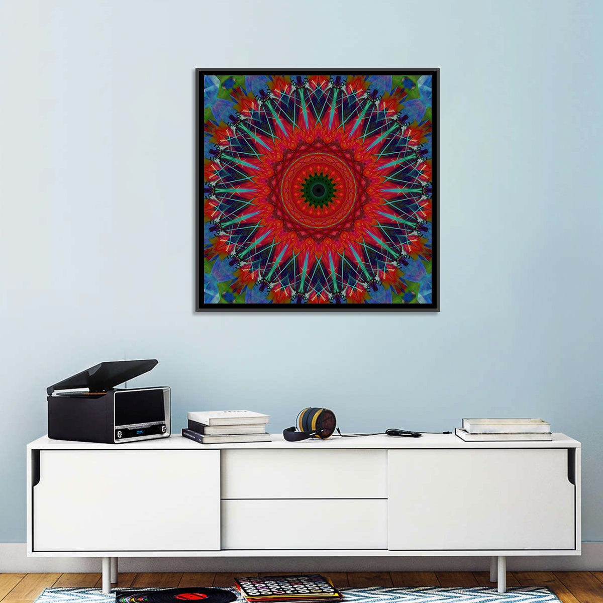 Lotus Blossom Starburst Mandala Wall Art in a room, square