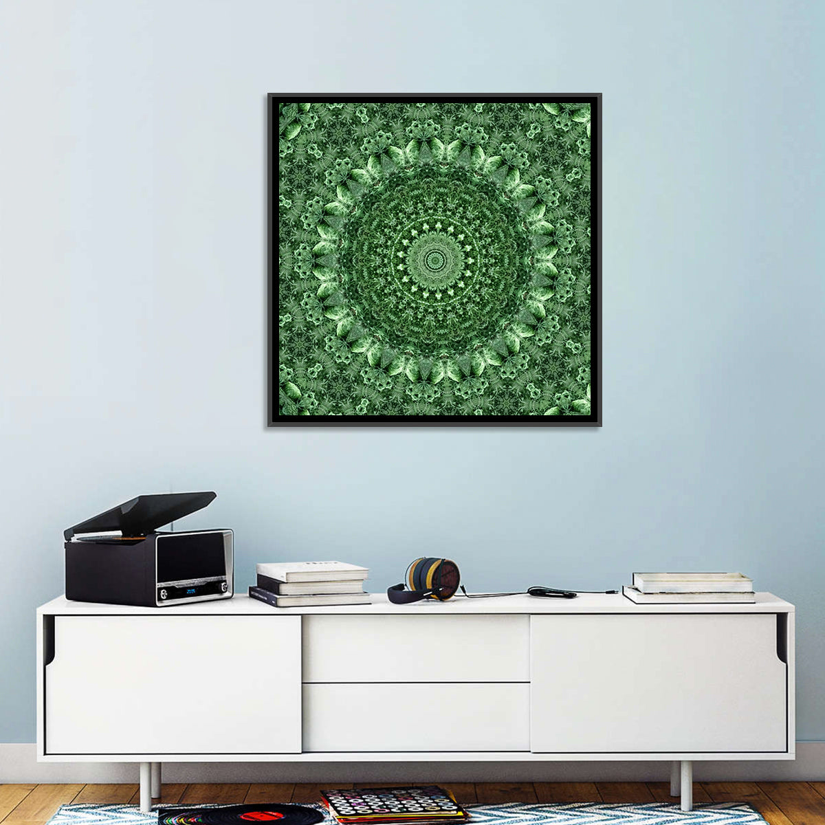 Green Botanical Kaleidoscope Mandala Wall Art in a room, square