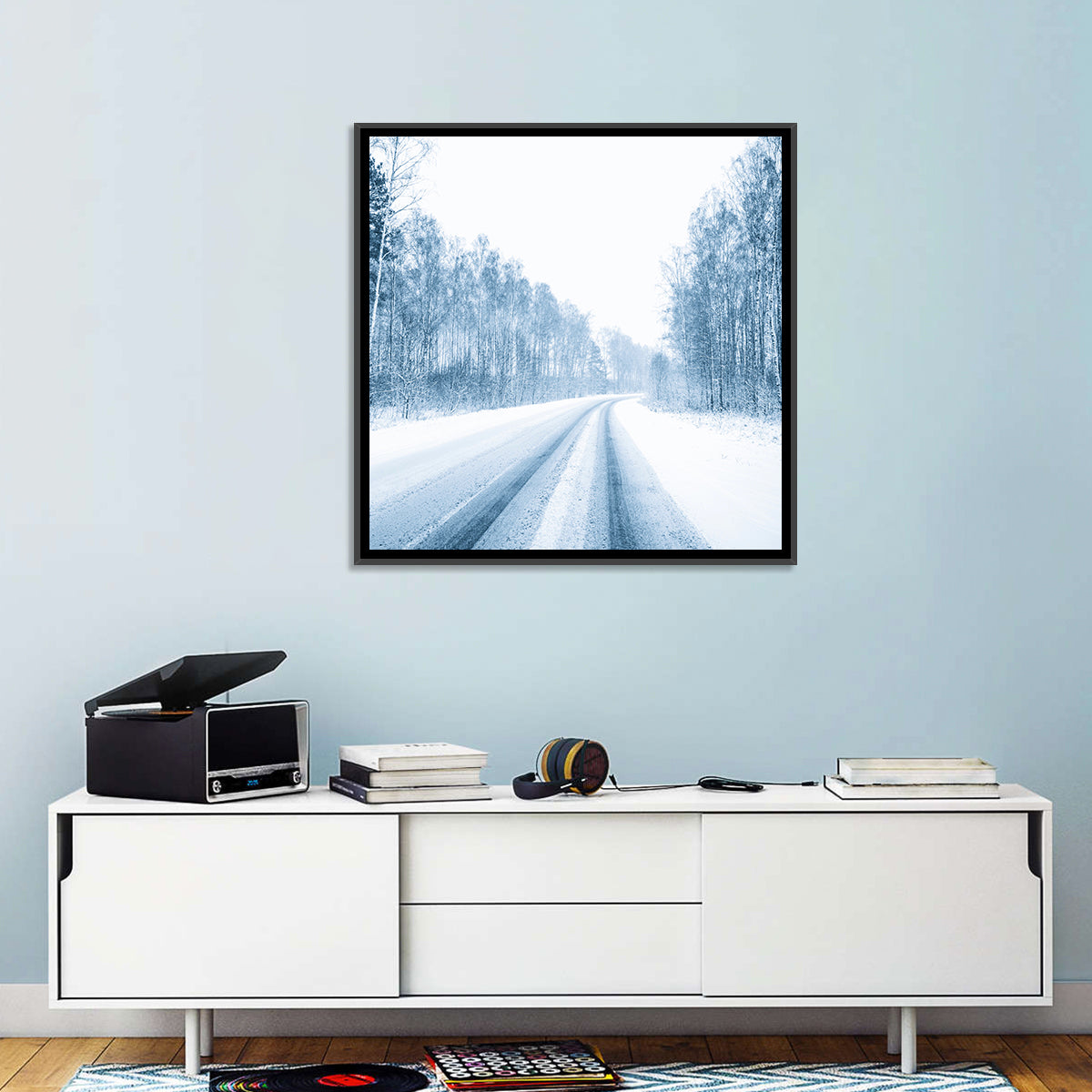 Tire Tracks on Snowy Road Wall Art