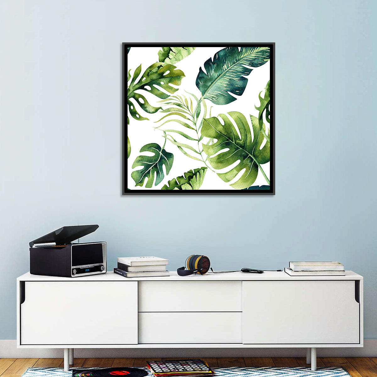 Tropical Watercolor Leaves Wall Art in a room, square