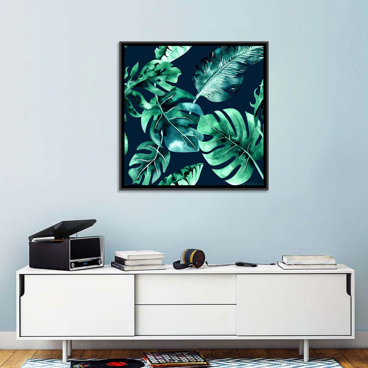 Tropical Watercolor Leaf Pattern Wall Art in a room, square