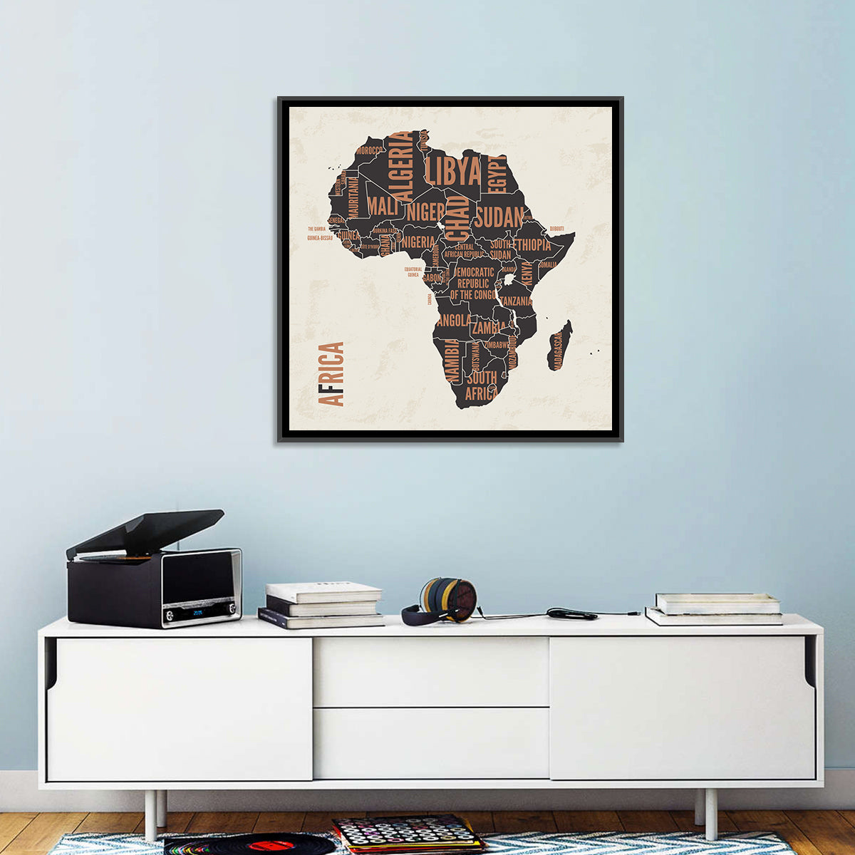 Typographic Africa Map with Country Names Wall Art in a room, square