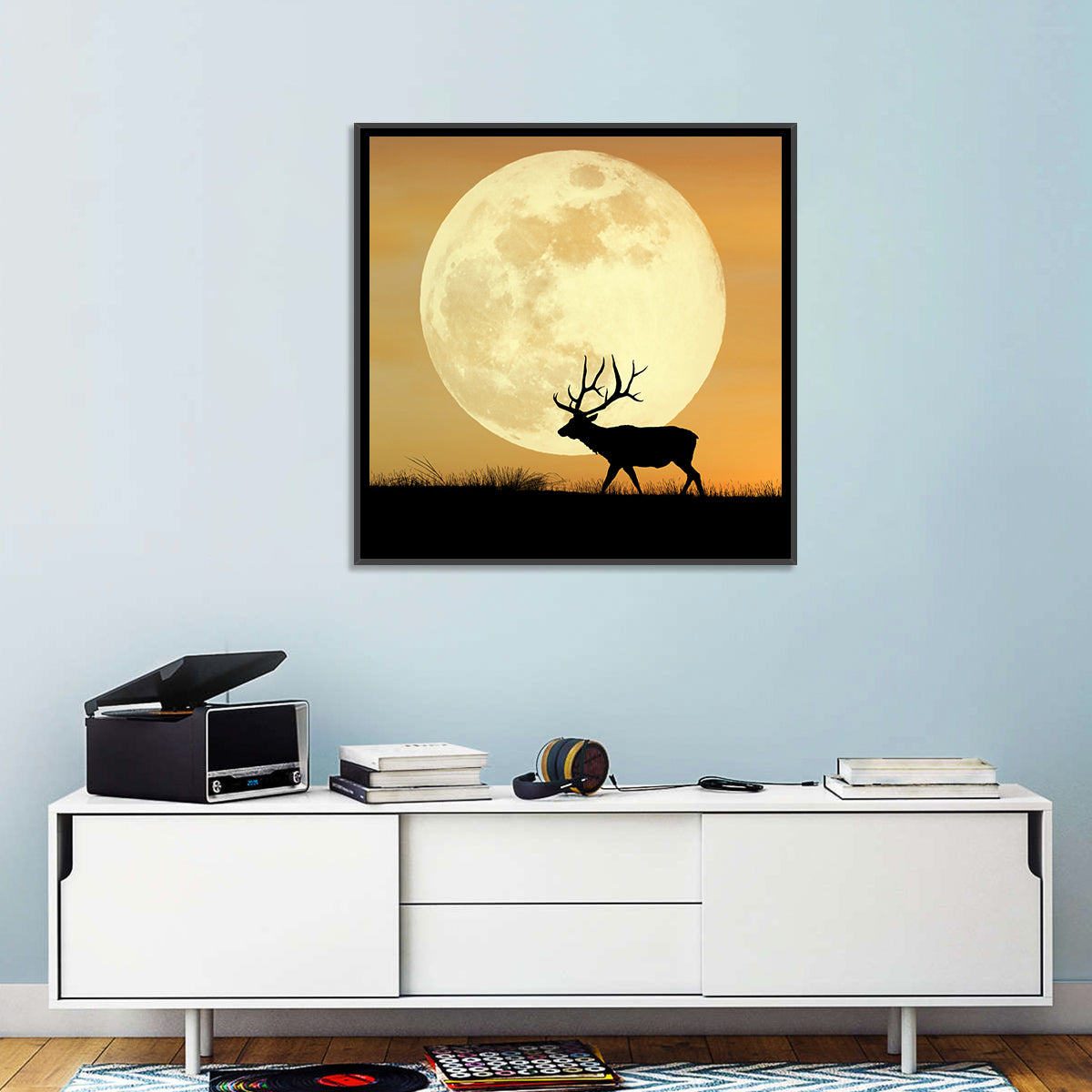 Bull Elk Silhouette Under Supermoon Wall Art