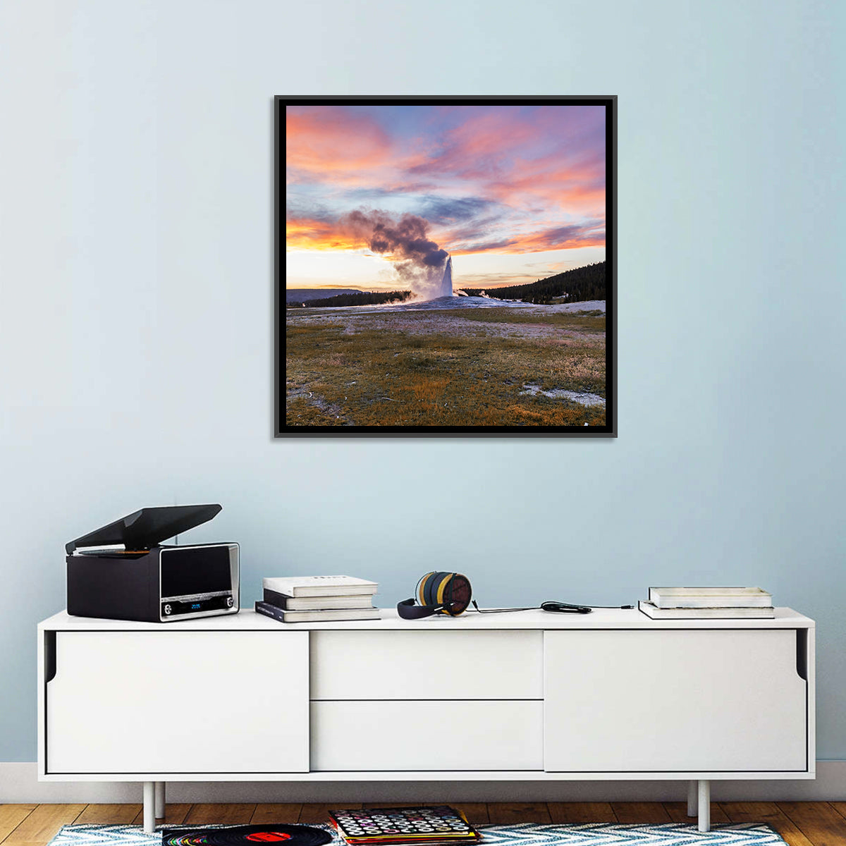 Old Faithful Erupting at Sunset Wall Art