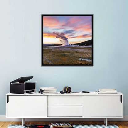Old Faithful Erupting at Sunset Wall Art