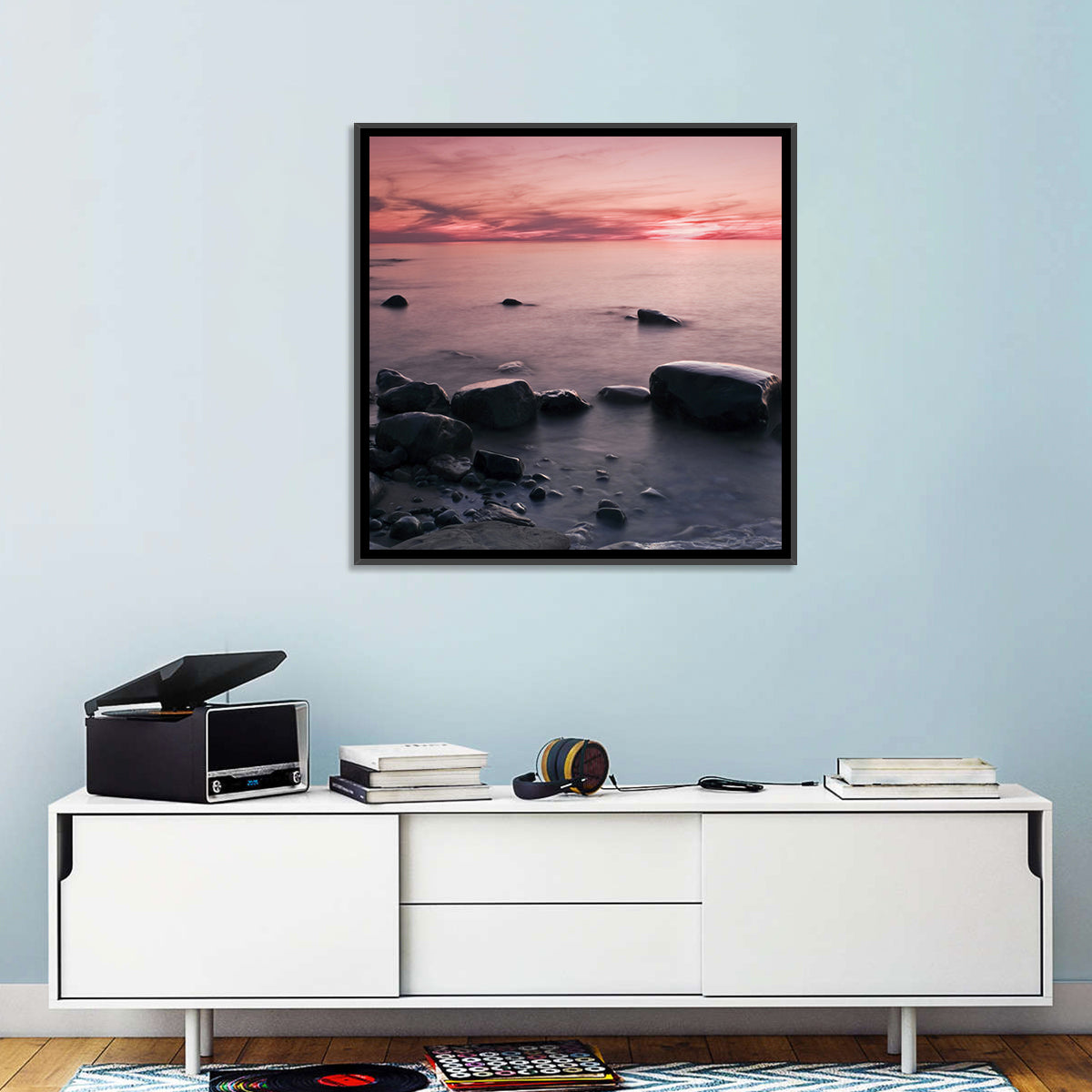 Pink Dusk Lakeshore with Silhouetted Rocks Wall Art