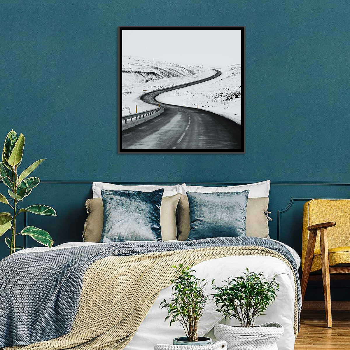 Winding Snow Road with Yellow Markers Wall Art