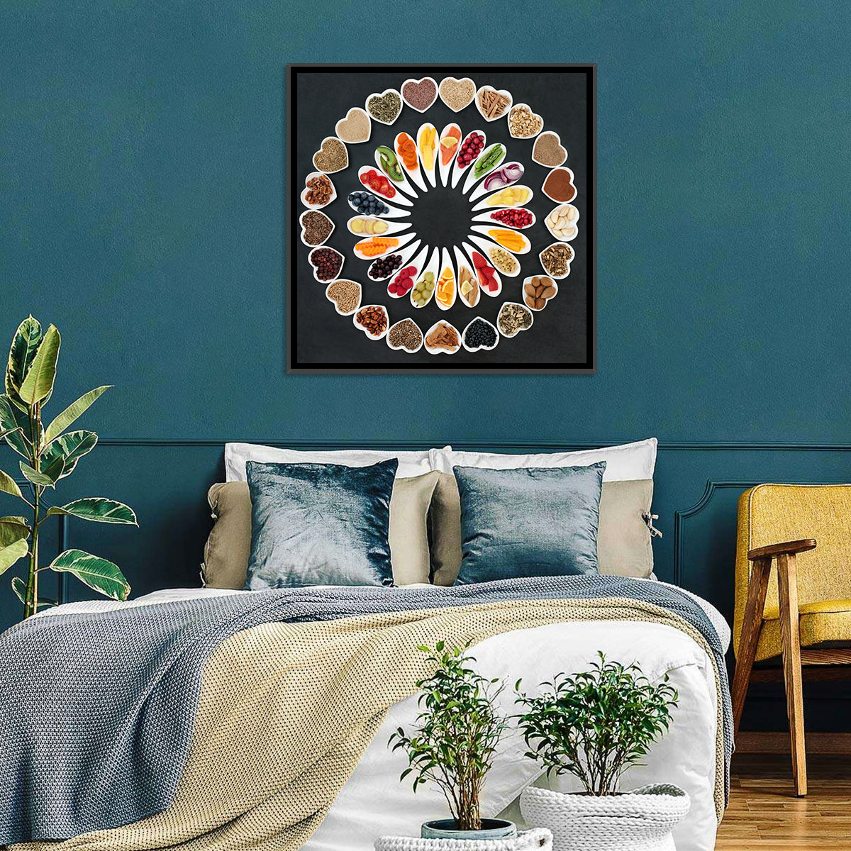 Circular Heart Bowls of Fresh Ingredients Wall Art in a room, square