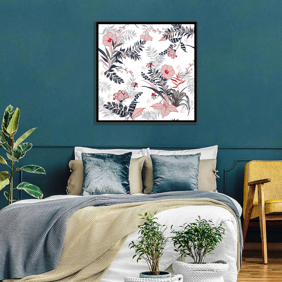 Tropical Hibiscus Pattern Wall Art in a room, square