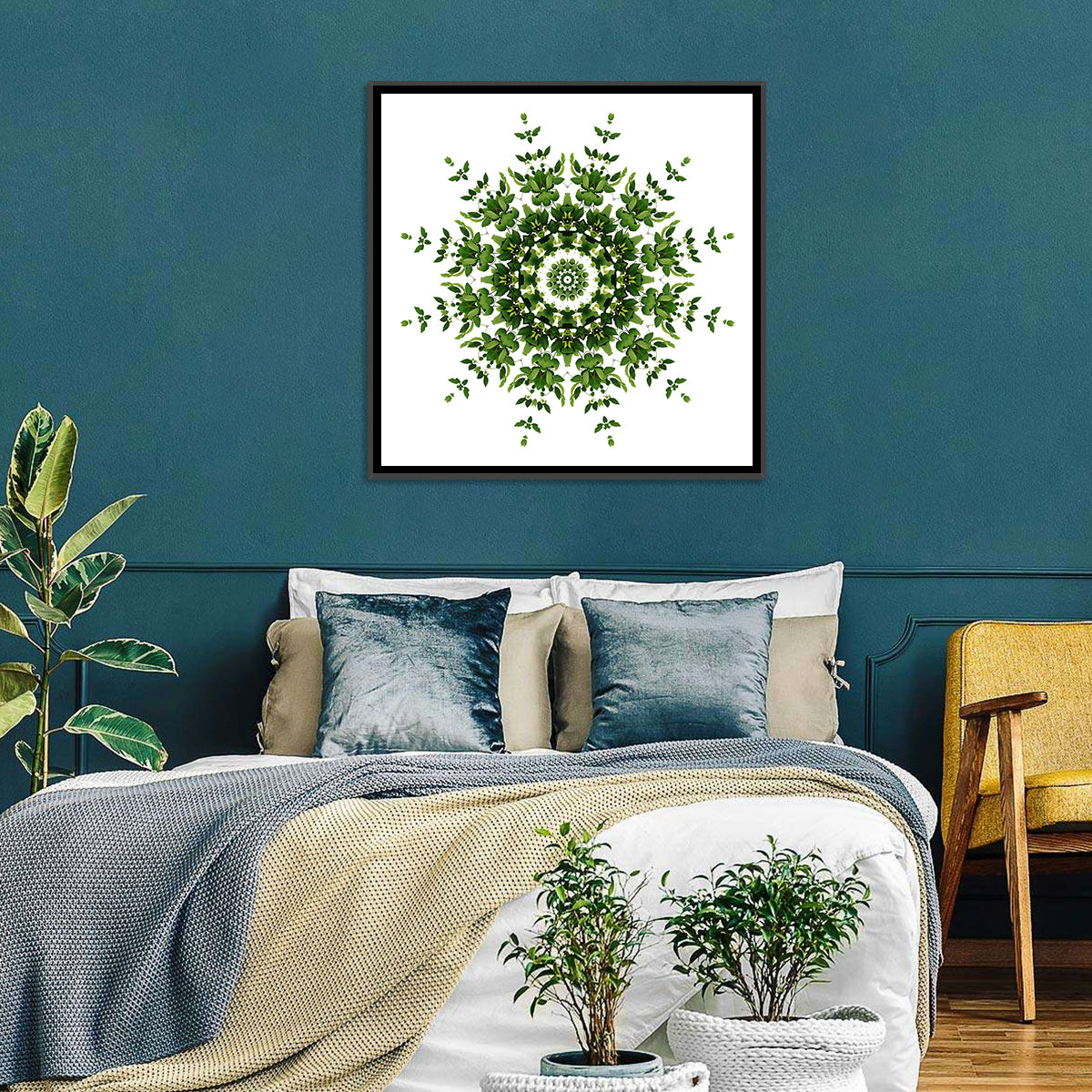 Botanical Green Leaf Mandala Wall Art in a room, square