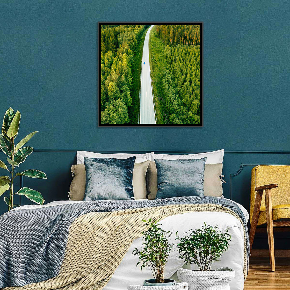Blue Car on Forest Road Wall Art