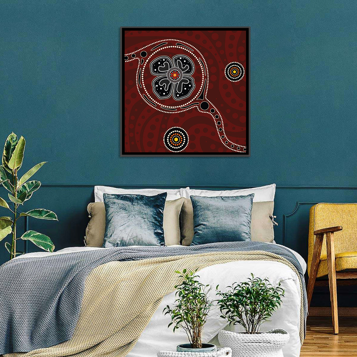 Aboriginal Poppy Dot Motif Wall Art in a room, square