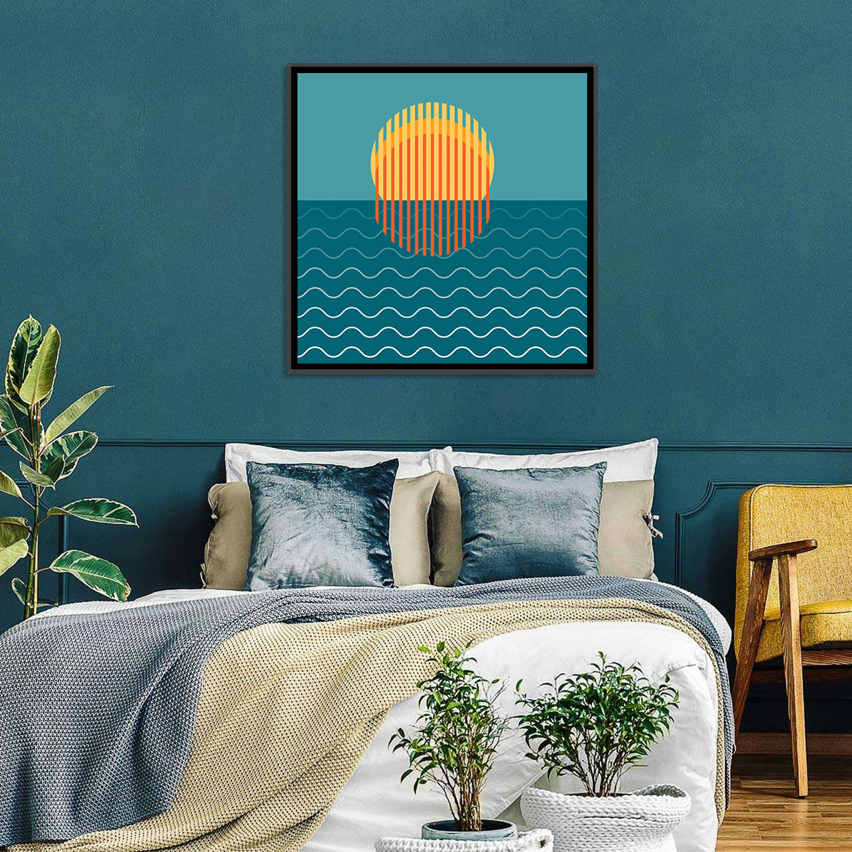 Teal Ocean Sunset Illustration Wall Art