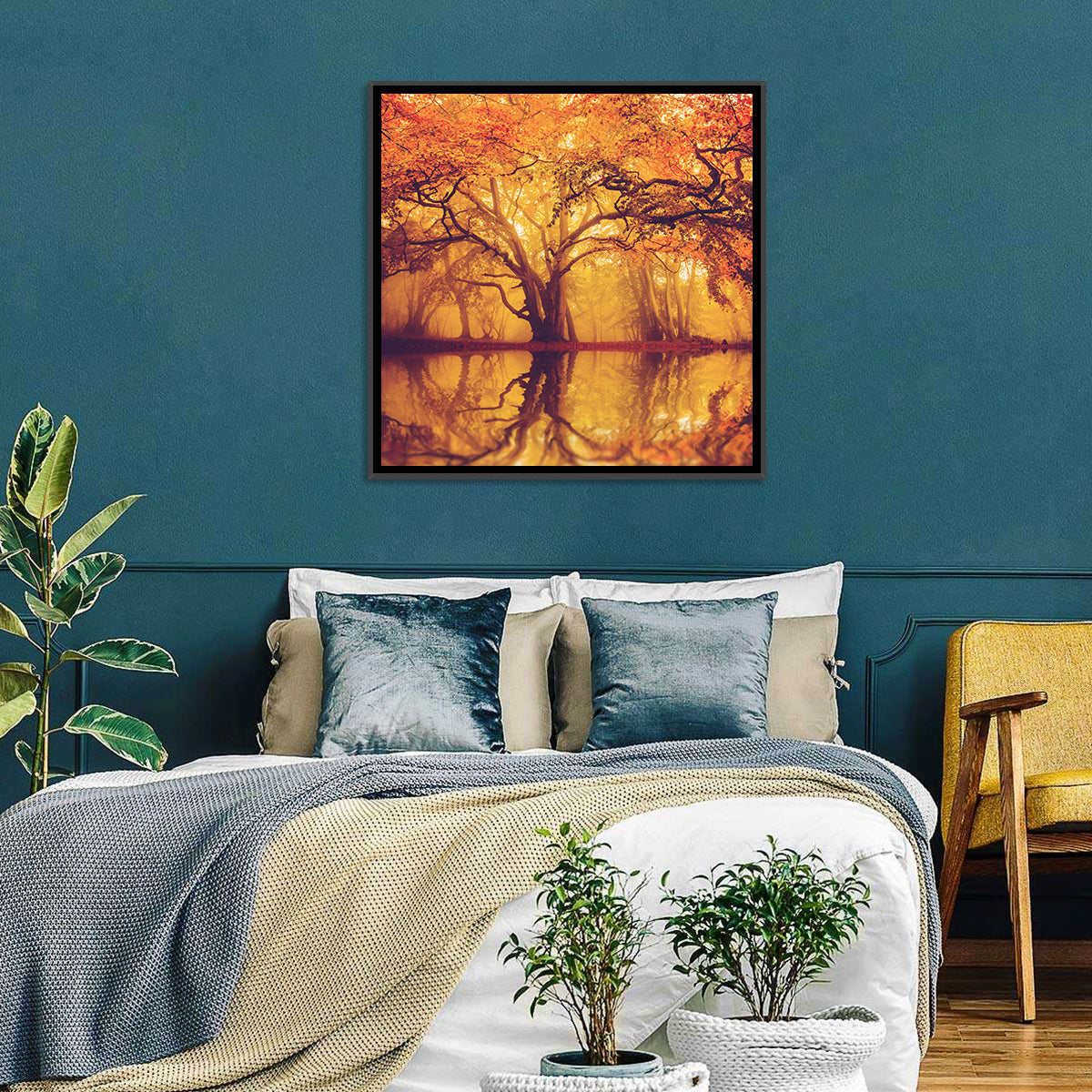 Golden Mist Forest Reflection Wall Art