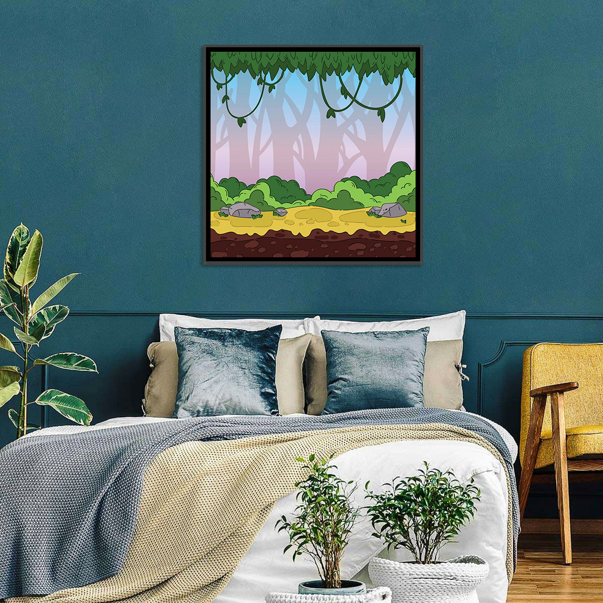 Playful Jungle Path Illustration Wall Art in a room, square